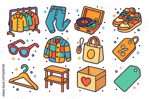 Thrift Store Treasures. Thrift store finds. Colorful isometric vector icons set of Thrift store finds: vintage shirt rack, used jeans, record player, old
