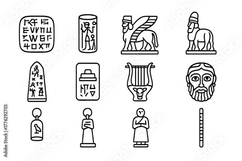 Mesopotamian Relic Icons. Mesopotamian relics. Line icon set of Mesopotamian relics: cuneiform tablet, cylinder seal, winged bull relief, lamassu figurine,