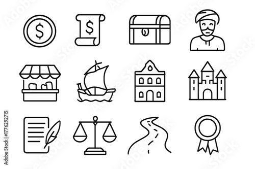 Historical Economics Icons. Economic systems in history. Line icon set of historical economics: coin, tax scroll, chest, merchant, market, ship, guild hall,
