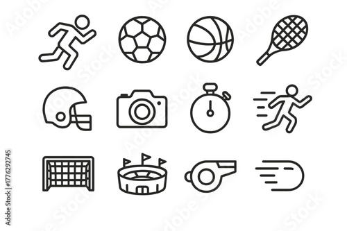 Action Sports Icons. Action sports. Line icon set of action sports: athlete running, soccer ball, basketball, tennis racket, football helmet, camera,
