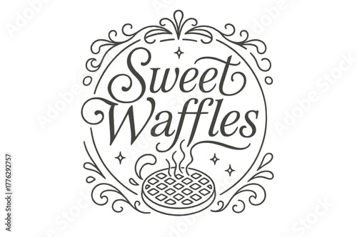 Elegant Waffle Crest. Sweet Waffles ? Flourish Lettering; elegant high-contrast serif with medium swashes and rounded curls; circular crest composition with a
