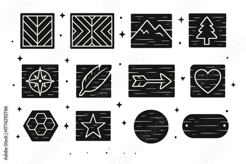 Reclaimed Wood Wall Art. Rustic wall art from reclaimed wood. Solid icons set of Rustic wall art from reclaimed wood: chevron panel, herringbone panel,