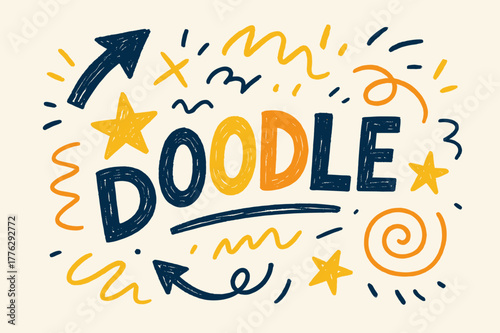 Playful Sketch Doodles. Doodle / Sketch with playful hand-drawn letters, rough sketch outlines, arrows, stars, casual youthful layout, # #FF7B00 #FFD500 #