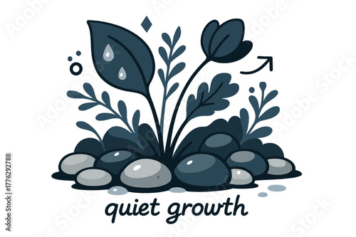 Pebble Garden Serenity. Pebble ? Garden Corner. Pebbles line a flower bed with soft shadows; droplets glint after rain. Label ?quiet growth? in small script