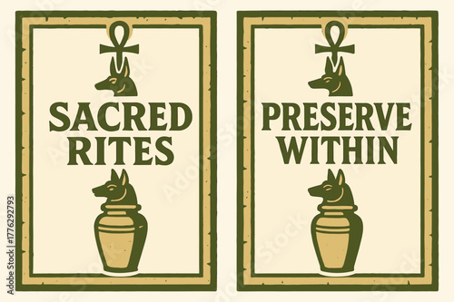 Sacred Funerary Rites. Funerary Rites. Two vertical A6 banners with safe margins, centered composition, no elements touching edges, bold, olive green and