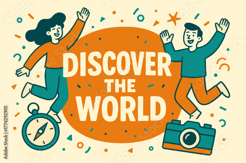Explore the World. Discover the world banner, flat vector illustration, bold oversized text inside rounded blob, cartoon characters jumping and waving, compass
