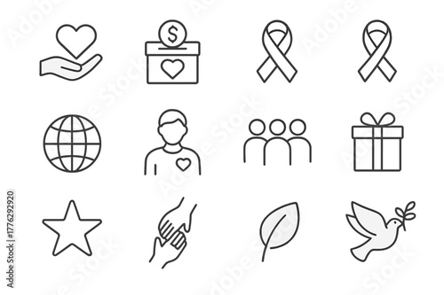 Philanthropy Icon Set. Philanthropy. Line icon set of philanthropy: hand with heart, donation box, coin, charity ribbon, globe, volunteer, community, gift,