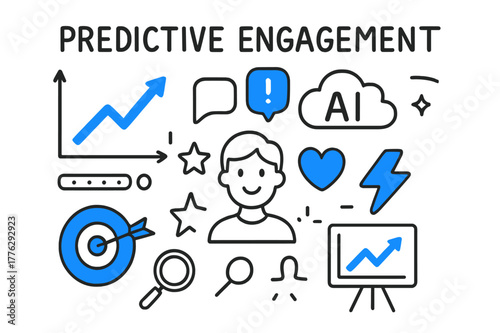 Predictive Engagement Doodle. // Predictive engagement. Hand-drawn doodle illustration Predictive engagement [graph forecast (accented), target (accented),