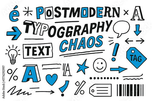 Postmodern Typography Chaos. // Postmodern typography chaos. Hand-drawn doodle illustration postmodern typography chaos [cutout letters (accented), rotated