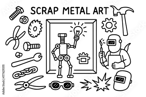 Scrap Metal Doodle Sculpture. Scrap metal art. Hand-drawn doodle illustration scrap metal art sculpture, bolts, nuts, saw blade, gear, hammer, welder, chain,