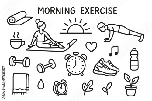 Morning Exercise Icons. Morning exercise. Hand-drawn doodle illustration morning exercise sunrise, yoga mat, stretching figure, push-ups, dumbbell, coffee cup,