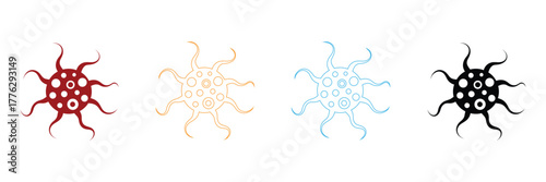Infectious virus cell art in vibrant colors is perfect for medical research, educational infographics, or health awareness campaigns. Germ icons in red, gold, blue, and black.