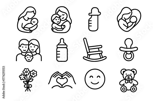 Motherhood Icon Set. Mom and child. Line icon set of mom and child: mother holding baby, hug, heart, family, baby bottle, rocking chair, pacifier, flowers,