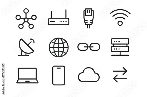 Networking Icon Grid. Networking and connectivity. Line icon set of networking: network nodes, router, ethernet plug, wifi signal, satellite dish, globe, link