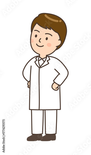 腰に手を当てて斜め上を見つめる若い男性医師