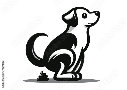 Dog in process of defecation, black and white vector silhouette