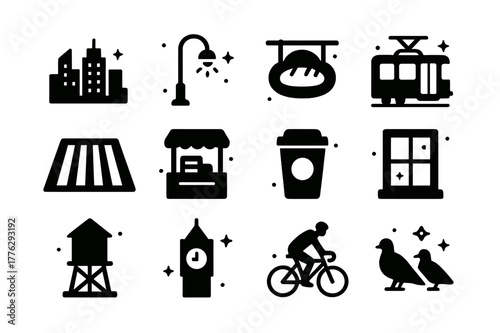 Dawn City Icons. City at dawn. Solid icons set of City at dawn: skyline, streetlamp turning off, bakery sign, tram, empty crosswalk, newspaper stand, takeout