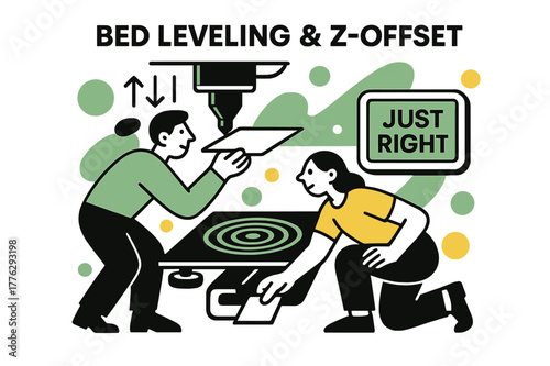 3D Printer Precision. Bed Leveling & Z-Offset. A calibration card slides under the nozzle while gentle arrows nudge the knobs; display whispers ?just right?.