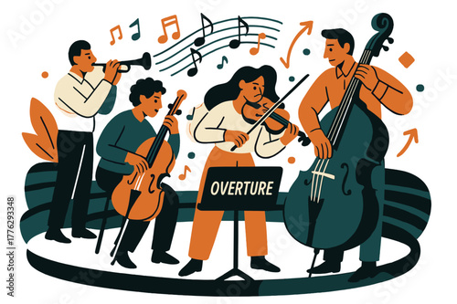 Amphitheater Ensemble Overture. Amphitheater ? Live Musicians. A small ensemble tunes beside the stage; notes and rhythm dots coil upward. Label ?overture?