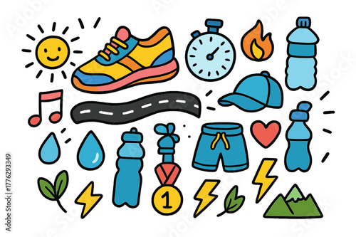 Vibrant Running Doodles. Running. Colorful Hand-drawn doodle Children illustration Running sneakers, stopwatch, road, water bottle, cap, shorts, music note,
