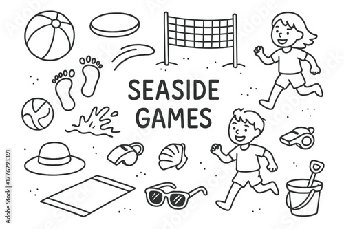 Seaside Activity Doodles. Seaside games. Hand-drawn doodle illustration seaside games beach ball, frisbee, volleyball net, running kids, footprints, wave