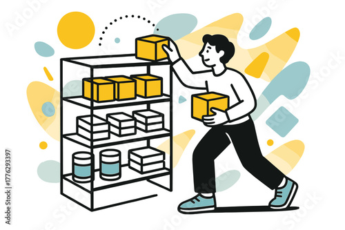 Geometric Supply Restock. Restocking Supplies. Person refilling supply shelves with floating abstract geometric shapes and soft light accents, organized and