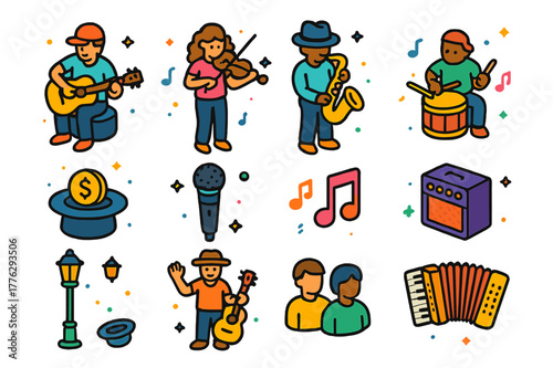 Street Musician Icons. Street musician playing instrument. Colorful isometric vector icons set of street musician playing instrument: guitar, violin,