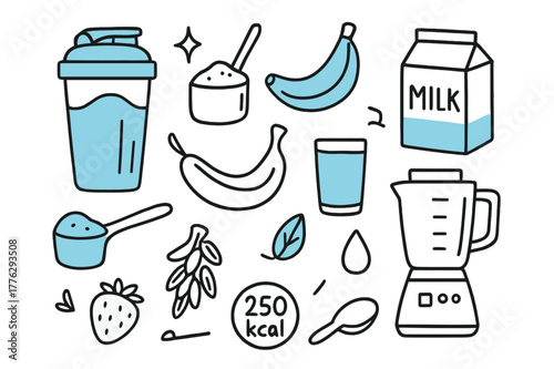 Protein Shake Essentials. Protein shake ingredients. Hand-drawn doodle illustration protein shake ingredients [shaker cup (accented), scoop (accented), powder