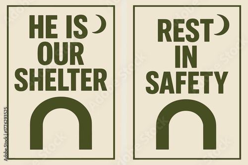 Shelter of Mercy. Shelter of Mercy. Two vertical A6 banners with safe margins, centered composition, no elements touching edges, brutalist, olive green and