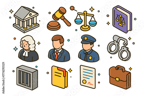 Colorful Justice Icons. Justice system. Colorful isometric vector icons set of justice system: courthouse building, gavel, scales of justice, law book, judge,