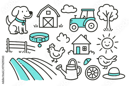 Rural Life Doodles. Rural life moments. Hand-drawn doodle illustration rural life moments [dog (accented), collar (accented), barn, tractor (accented), tree,