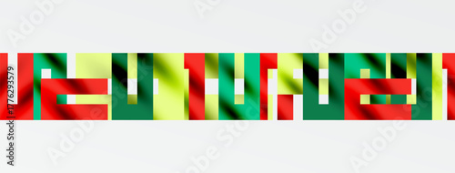 Abstract geometric shapes, vibrant colors, red, green, yellow dominate composition. White background provides contrast. Minimalist design.