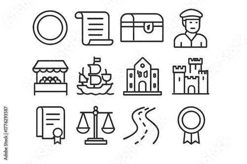 Historical Economics Icons. Economic systems in history. Line icon set of historical economics: coin, tax scroll, chest, merchant, market, ship, guild hall,