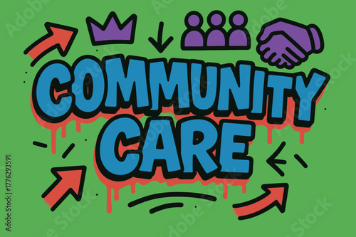Community Care Graffiti. Community Care ? Graffiti Simplified; lettering: thick bubble/block, tilted; effects: dripping outlines, flat spray fills; background: