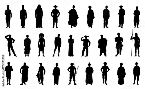 Silhouette of crowd of men around the world in traditional attire
