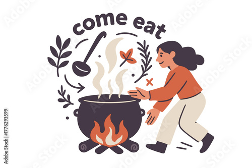 Hearthside Harmony. Keeper of the Hearth ? Gathering Bowl. A heavy pot steams over low flame; herbs and ladle orbit in a gentle circle. Text ?come eat? curves