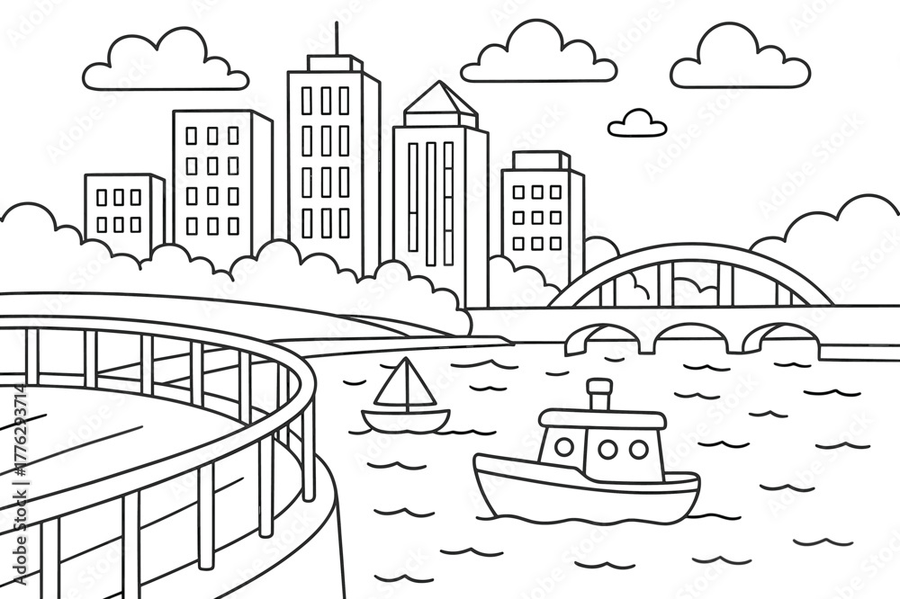 Fototapeta premium Riverside Coloring Fun. City embankment scene children?s coloring book illustration, outlined drawing, simple tall buildings behind a curved railing beside a