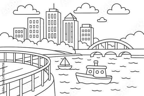 Riverside Coloring Fun. City embankment scene children?s coloring book illustration, outlined drawing, simple tall buildings behind a curved railing beside a