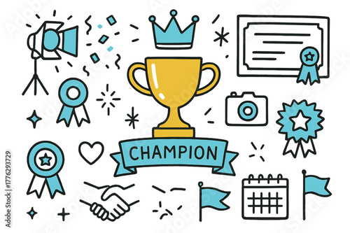 Champion Doodle Icons. Champion award. Hand-drawn doodle illustration champion award gold cup (accented), crown (accented), ribbon medal, certificate