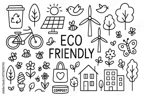 Eco-Friendly Doodle Icons. Eco-friendly illustration. Hand-drawn doodle illustration Eco-friendly illustration, recycling bins, solar panels, wind turbines,
