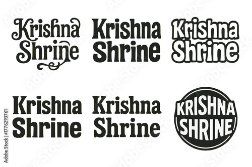 Krishna Lettering Styles. Krishna Shrine. Set lettering. harmonious lettering variations of the same emblematic concept, each with different artistic