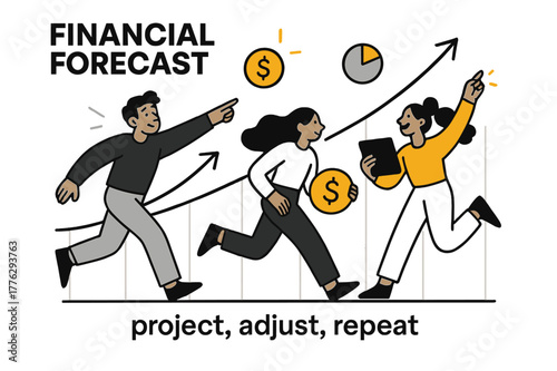 Dynamic Financial Forecast. Pitch Deck ? Financial Forecast. A calm chart with steady upward lines; small coin and pie icons hover at key points. Caption