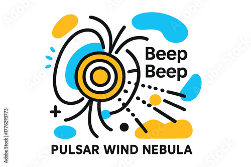 Pulsar Pulsation Artistry. Pulsar Wind Nebula. A central pulse ring ripples outward; ?Beep ? Beep? ticks like a heartbeat beside magnetic field lines. Charged