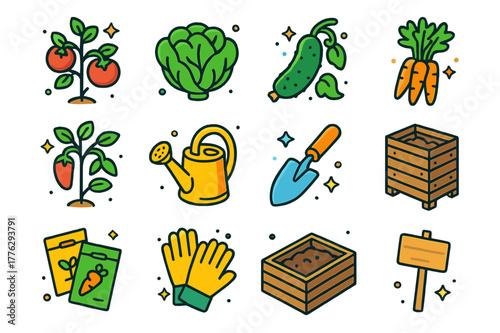 Garden Essentials Icons. Vegetable garden essentials. Colorful isometric vector icons set of Vegetable garden essentials: tomato plant, lettuce head, cucumber
