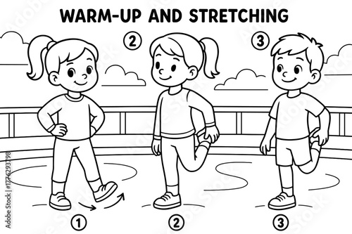 Kids Stretching Illustrations. Warm-up and stretching children?s coloring book illustration, outlined drawing, simple ankle circles and quad stretch poses near