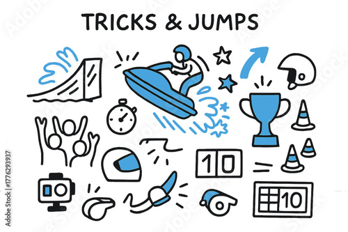 Extreme Sports Doodles. // Tricks & jumps. Hand-drawn doodle illustration Tricks & jumps [ramp wake (accented), airborne jet ski (accented), splash stars, flip