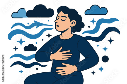 Calm Amidst Chaos. Navigating stress. Person practicing deep breathing exercises with abstract floating clouds, waves, and sparkles; conveys calm, focus, and