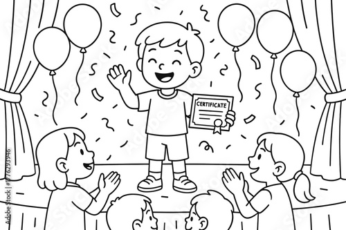 Child's Speech Celebration. Celebrating a great speech children?s coloring book illustration, outlined drawing, a child receiving applause and a