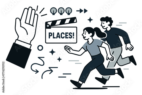 Theatrical Motion Cues. Amphitheater ? Director?s Cue. A raised hand gives the signal; cue lights blink in a tidy sequence. Notation ?Places!? springs from a