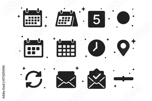 Calendar Icons Grid. Calendar and Scheduling. Solid icons set of Calendar and Scheduling: wall calendar, desk calendar, date tile, weekly planner, monthly